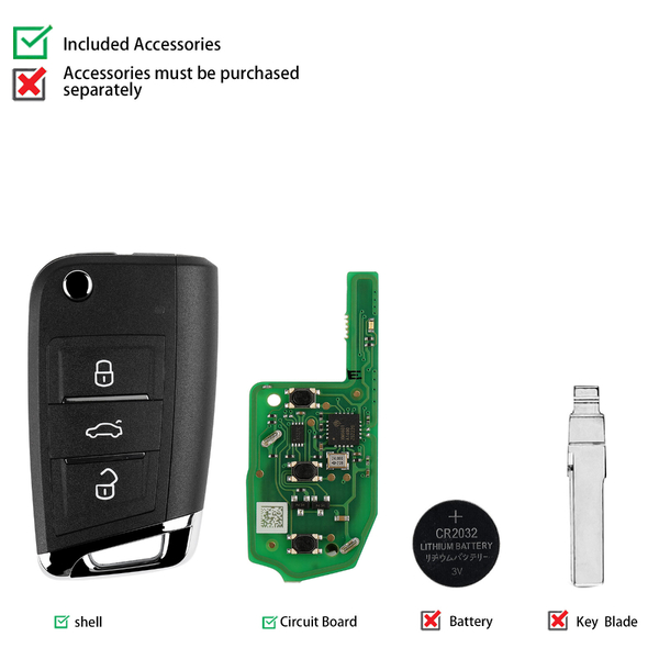 Xhorse XEMQB1EN Super Remote Key Estilo MQB de 3 Botones con Chip Super Incorporado, Lote de 10 Unidades.