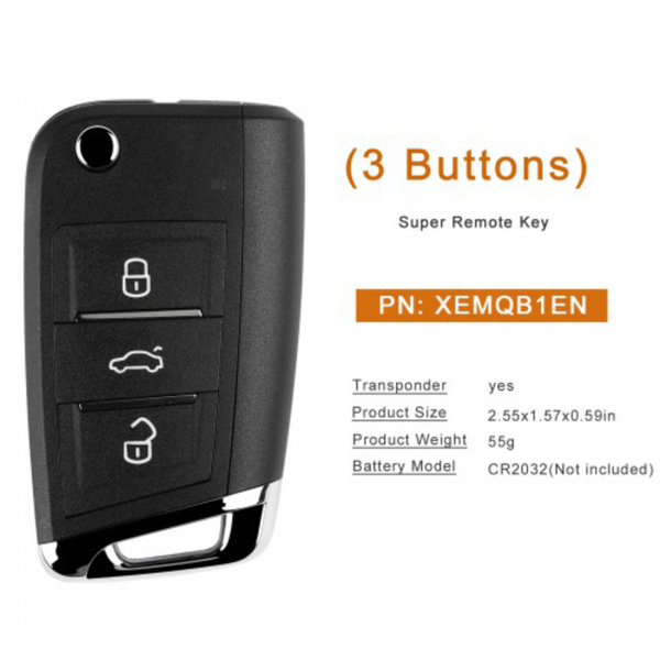 Xhorse XEMQB1EN Super Remote Key Estilo MQB de 3 Botones con Chip Super Incorporado, Lote de 10 Unidades.