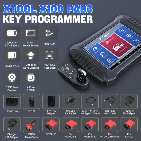 XTOOL X100 PAD3 Programación de Llaves con Adaptador EEPROM KC100 Codificación de ECU y PMI, Diagnóstico de Todos los Sistemas del Automóvil