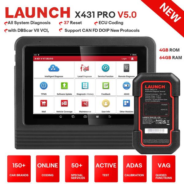 Launch X431 V V5.0 (X431 Pro V5.0) Herramienta de Diagnóstico con DBScar VII Compatible con CAN FD DoIP, Codificación ECU y 37 Funciones Especiales.