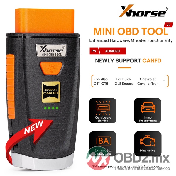 Xhorse Mini OBD Tool V2 XDMO20 ahora es compatible con el protocolo CANFD/Luz LED/Caja IMMO 8A para pérdida total de llaves